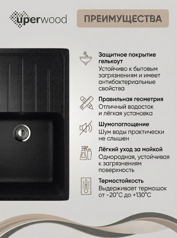 Кухонная мойка из искусственного камня Uperwood Симпл (Simple) UPD-302-308, черная