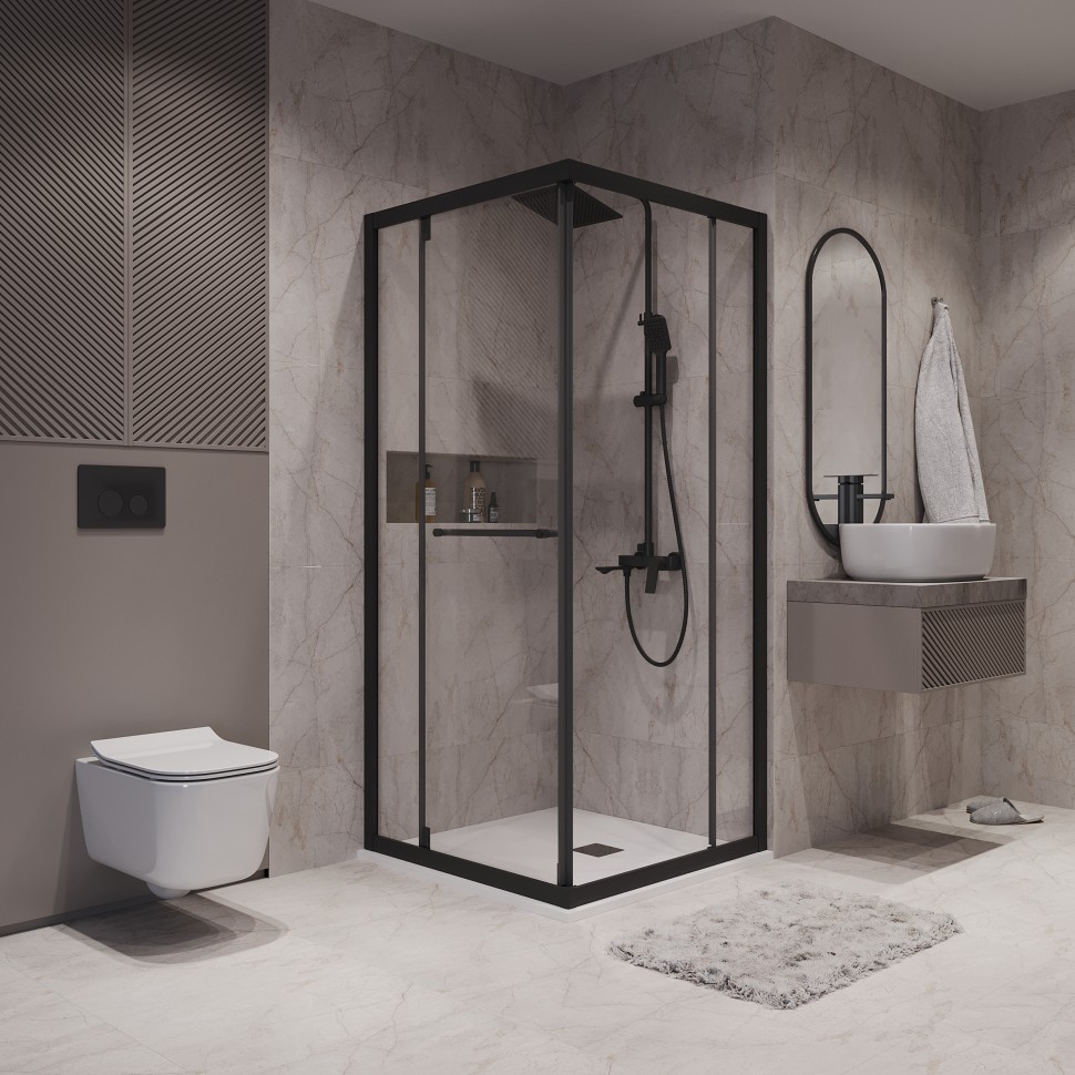 Душевое ограждение Niagara Nova NG-6835-34ВLACK (100х100х195) квадрат,черный матовый,двери раздвижные,стекло прозрачное,1 место