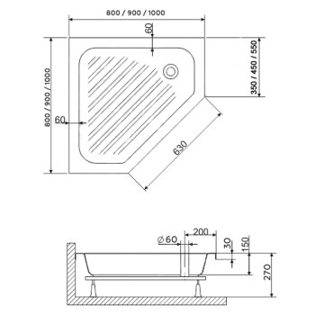 Душевой поддон трапеция RGW BT/CL-S (1000x1000)