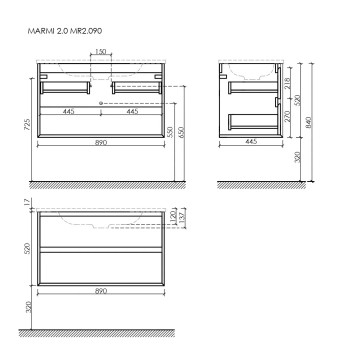 Тумба подвесная SANCOS Marmi 2.0 890х445х520 с двумя ящиками оснащенными доводчиками скрытого монтажа, дуб галифакс натуральный, арт. MR2.090EG