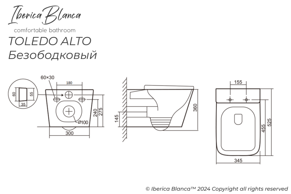 Унитаз подвесной IBERICA BLANCA TOLEDO ALTO Rimless белый (IB.TLA.231.1B1)