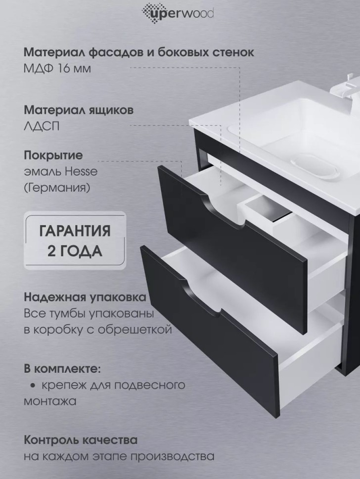 Тумба под раковину для ванной подвесная Uperwood Modul 61х44,4х55 см, чернаяатовая