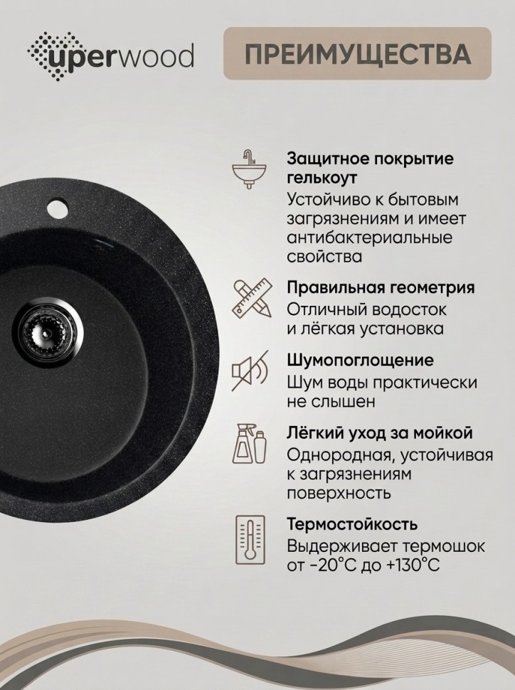 Кухонная мойка из искусственного камня Uperwood Симпл (Simple) UPD-304-308, черная