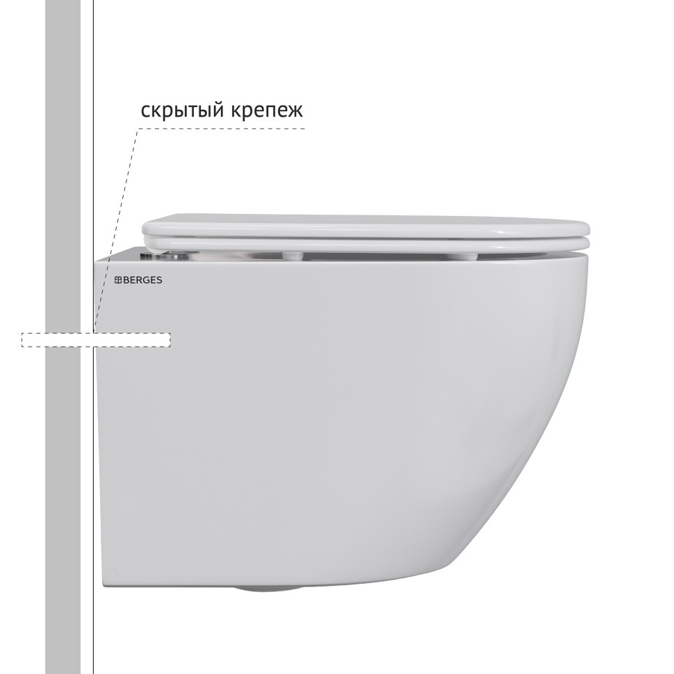 Унитаз подвесной BERGES OKUS Rimless 49 см, сиденье дюропласт, микролифт, быстросьем