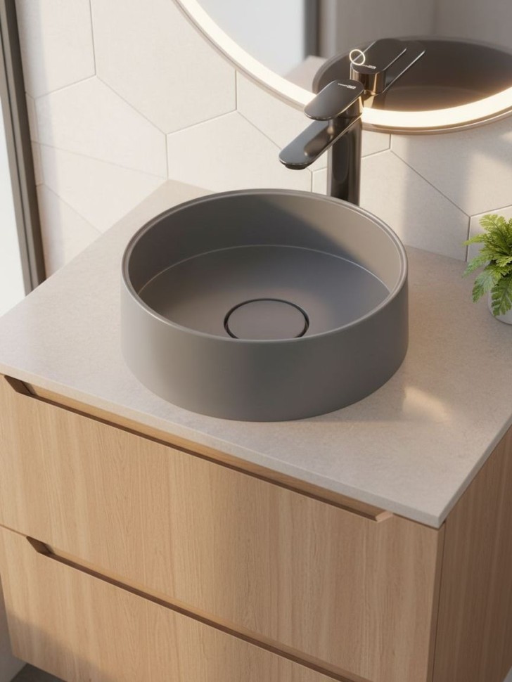Раковина для ванной накладная кварцевая Uperwood Tanos Quartz 35 см, круглая, бетон