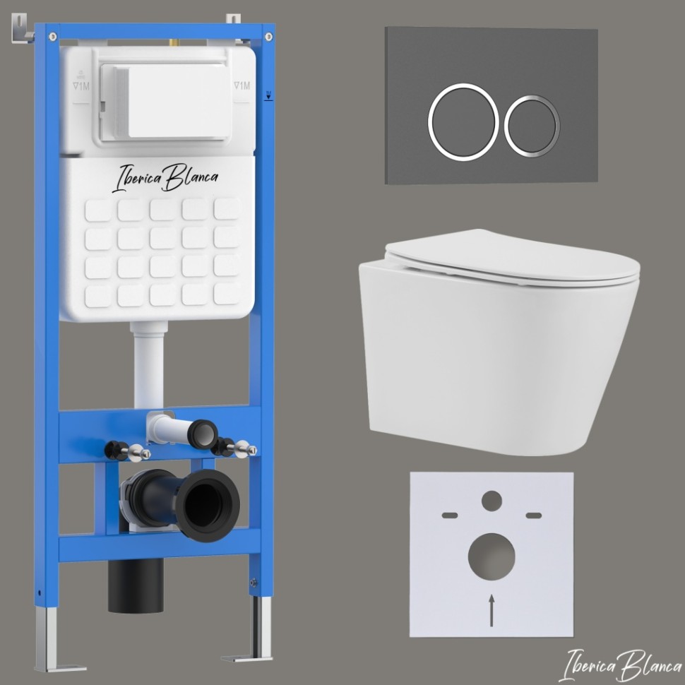 Комплект 3в1 IBERICA BLANCA инсталляция SILENCIO, унитаз BURGOS ALTO белый, кнопка смыва ESTI-O серый матовый (IB001.BRA.231.827)