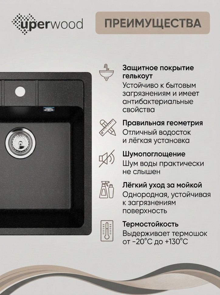 Кухонная мойка из искусственного камня Uperwood Симпл (Simple) UPD-305-344, ультра-черная