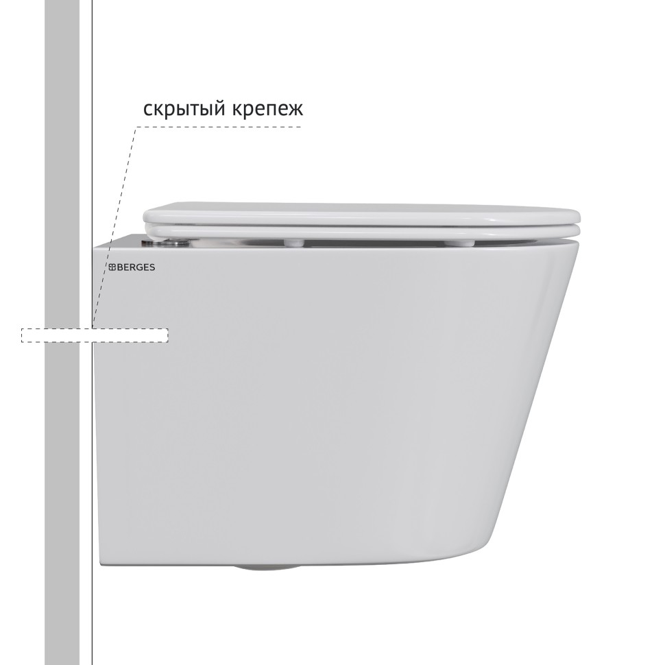 Унитаз подвесной BERGES VITA Rimless 49 см, сиденье дюропласт, микролифт, быстросьем
