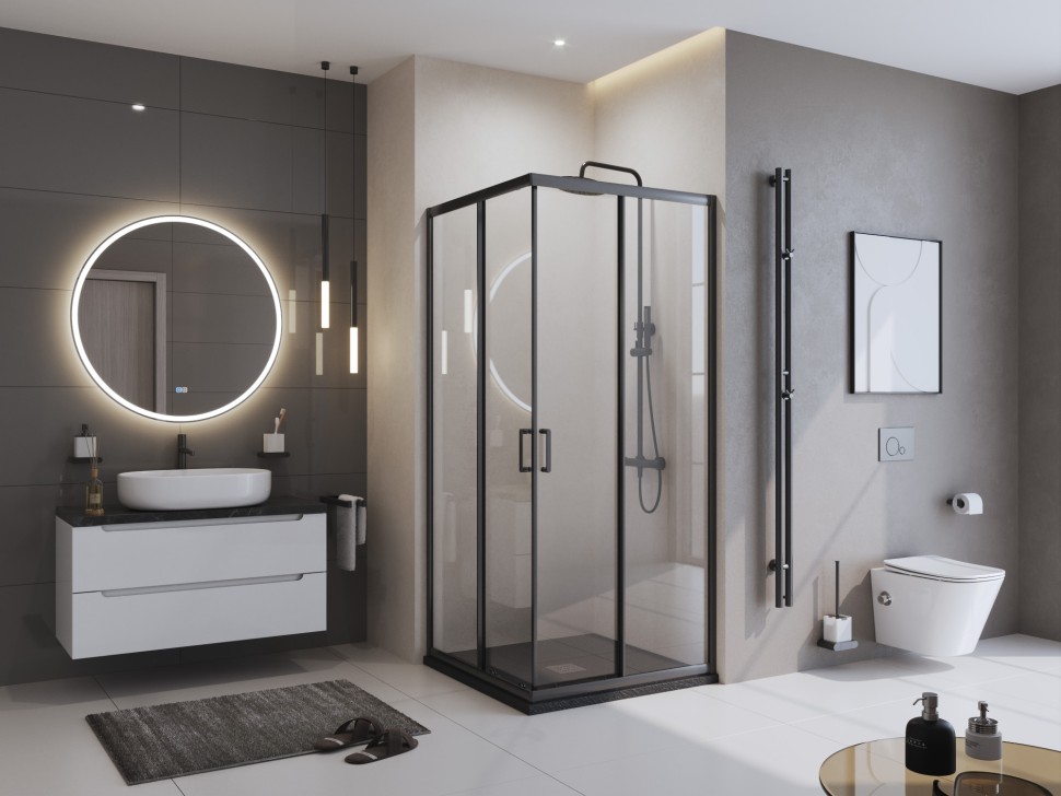 Душевой поддон из искусственного мрамора в комплекте с сифоном BelBagno UNO TRAY-MR-UNO-A-90-35-NERO-CR