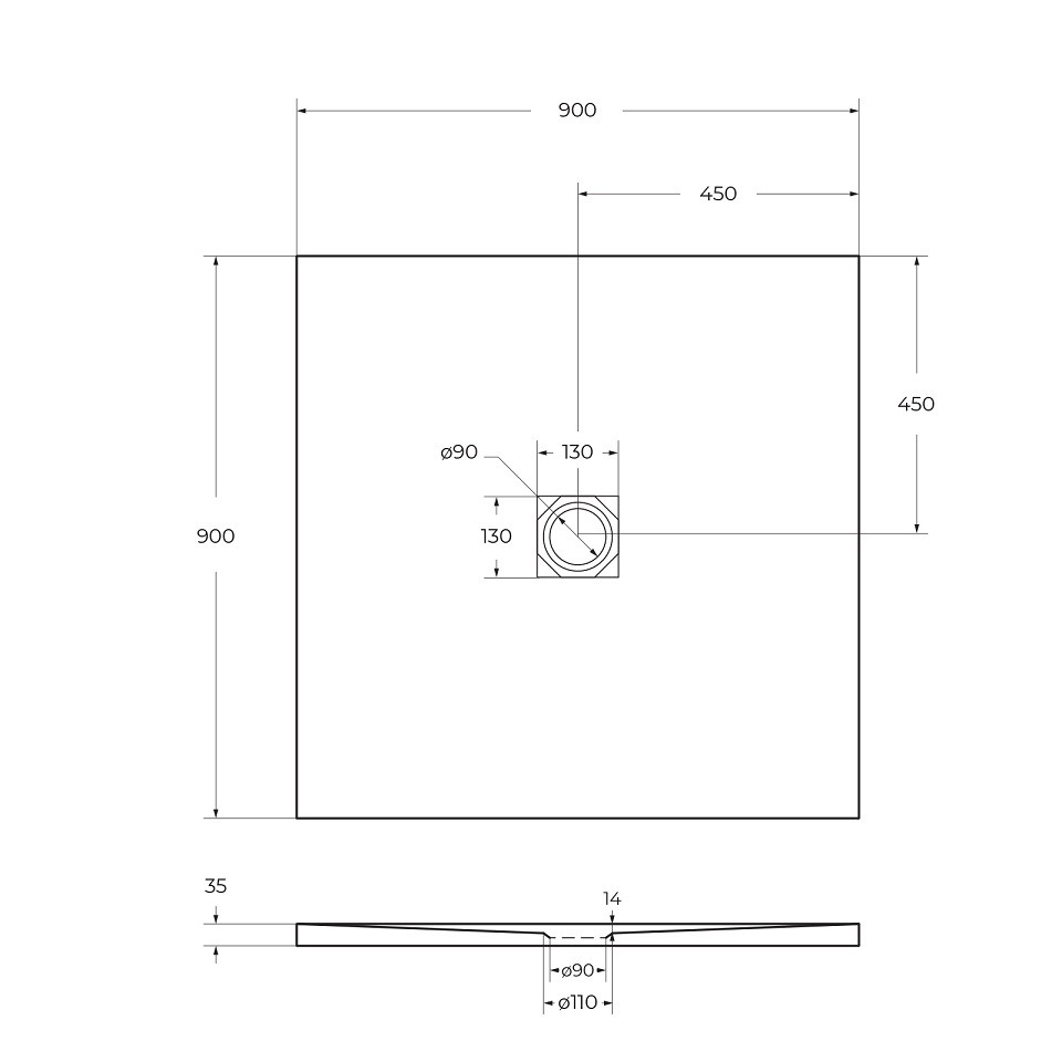 Душевой поддон из искусственного мрамора в комплекте с сифоном BelBagno UNO TRAY-MR-UNO-A-90-35-NERO-CR