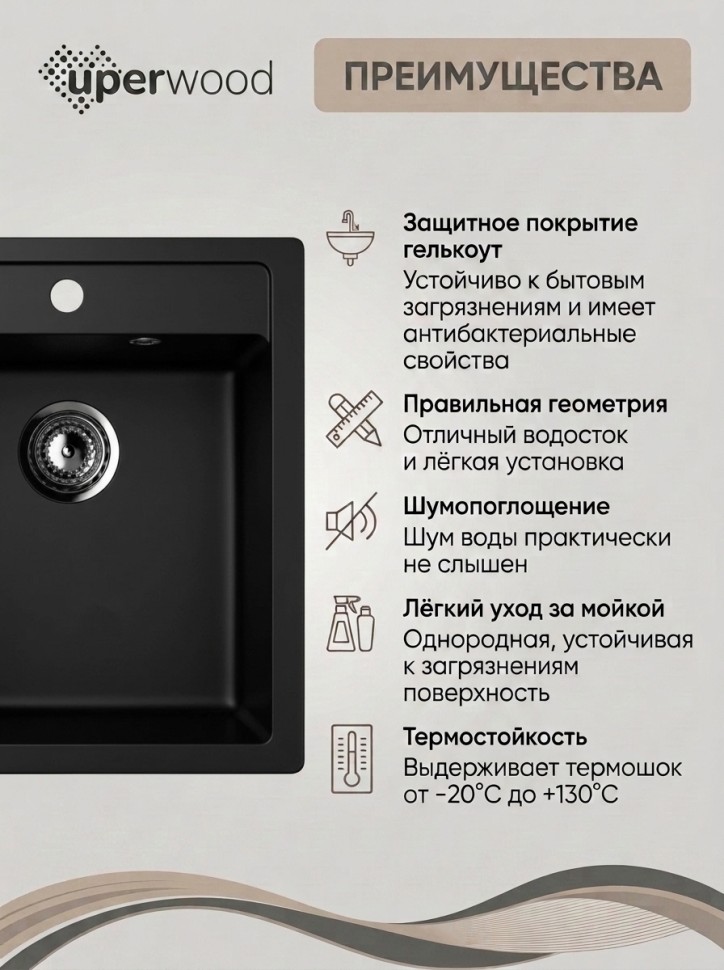 Кухонная мойка из искусственного камня Uperwood Симпл (Simple) UPD-303-344, ультра-черная