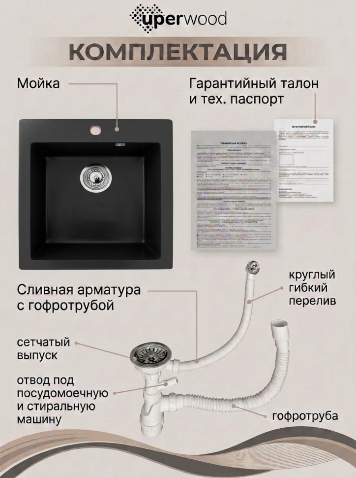 Кухонная мойка из искусственного камня Uperwood Симпл (Simple) UPD-303-344, ультра-черная