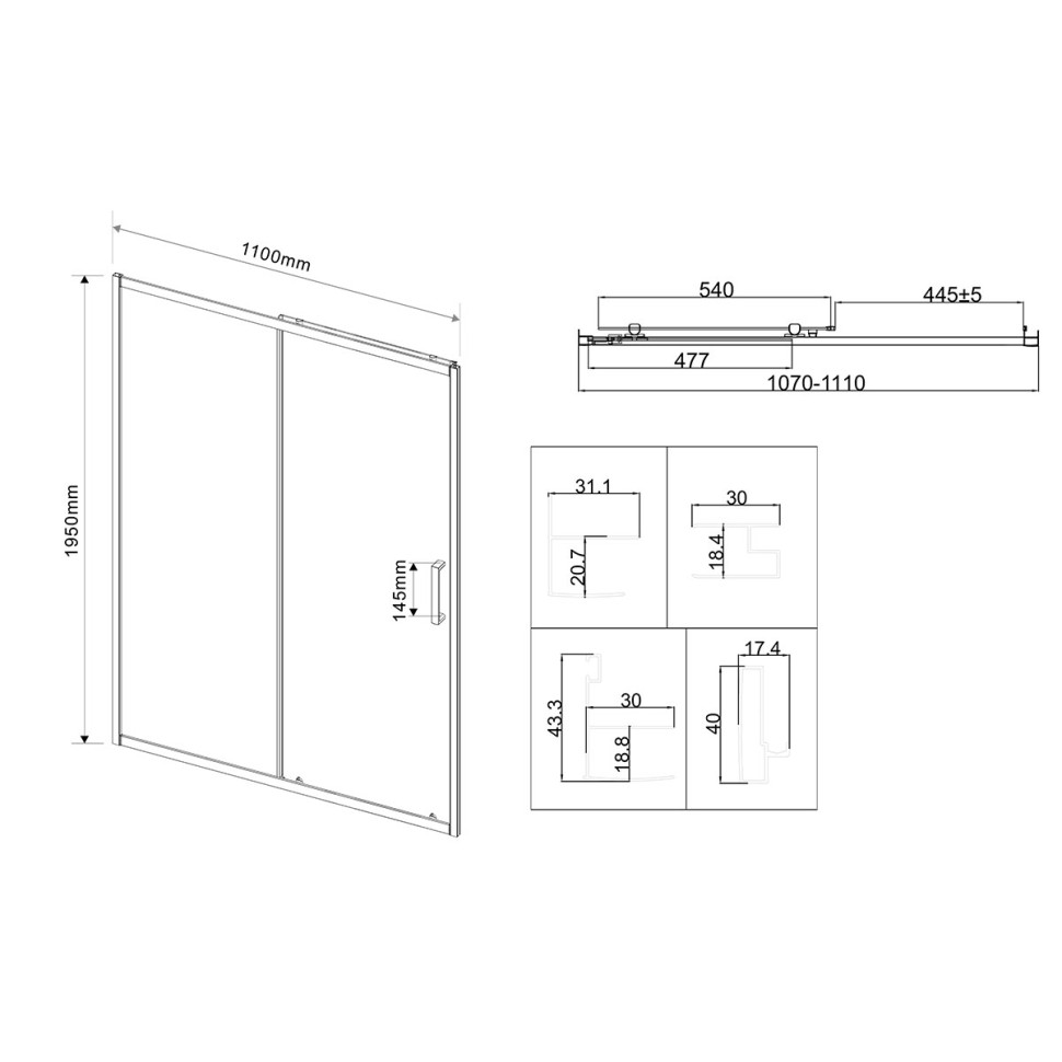 Душевая дверь City VDS-5CT110MT, 1100, хром, стекло текстурное