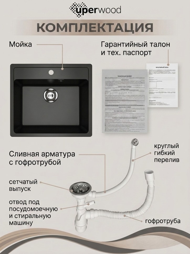 Кухонная мойка из искусственного камня Uperwood Симпл (Simple) UPD-300-308, черная