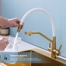Смеситель Splenka для кухни со съемным гибким изливом, с магнитным фиксатором излива, с подключением фильтра питьевой воды S71.62.03 Золотой сатин