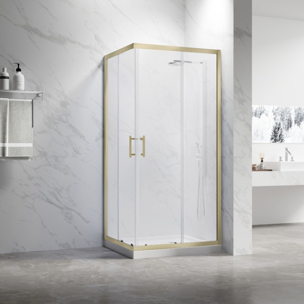 Душевой угол Veconi Rovigo RV-27G, 900x900x1900, золото брашинг, прозрачное стекло New