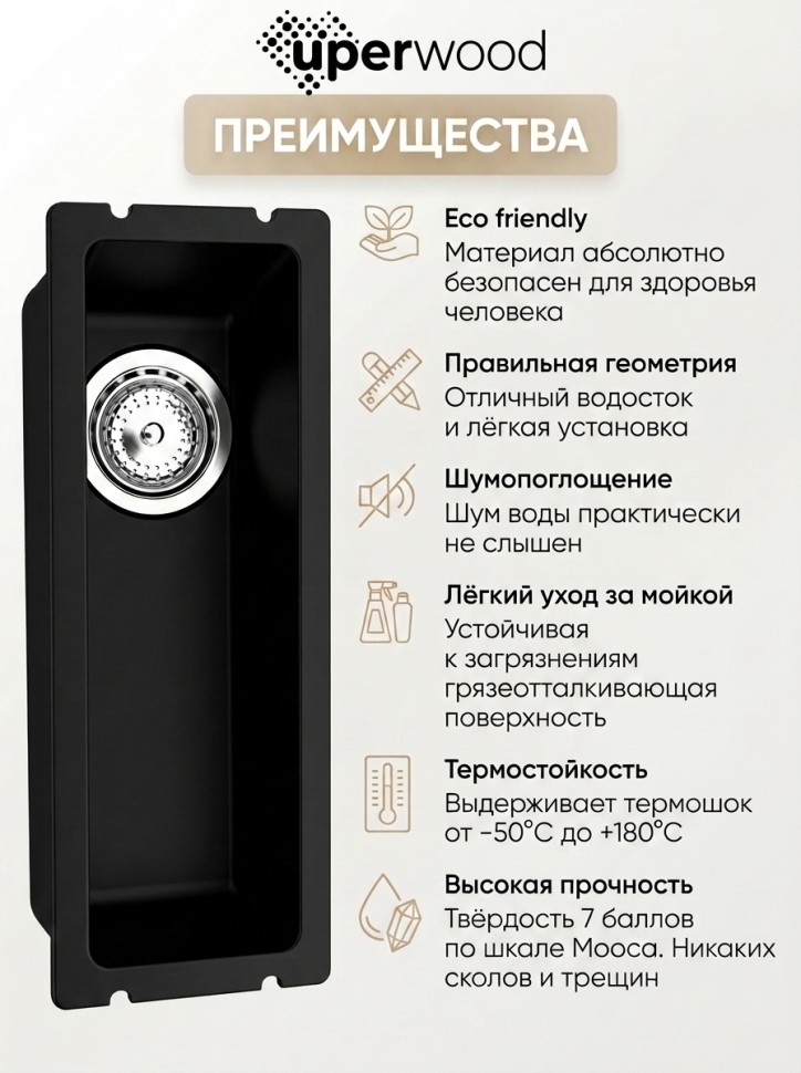 Кухонная мойка кварцевая Uperwood Кварц Премиум (Quartz Premium) UPD-01-07, уголь