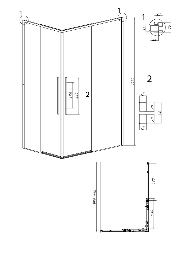 1/2 душевого ограждения Grossman Galaxy 1/2.K33.01.10.10.02 (100х195) раздвижная(правая),хром,стекло шиншилла,1 место