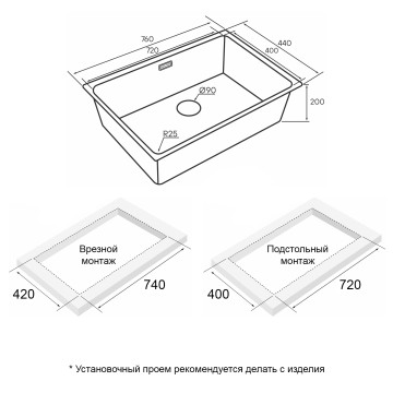 Мойка YUNI 76 UNI, нерж. сталь, YU76-LG, светлое золото, 760х440мм, Paulmark