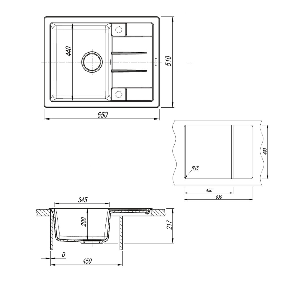 Кухонная мойка кварцевая Uperwood Quartz Premium UPD-03-04, прямоугольная, черная