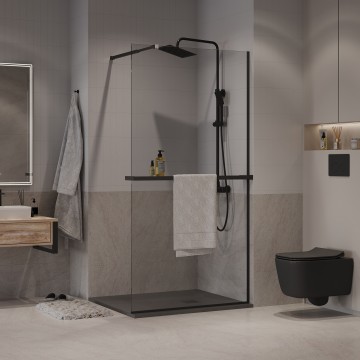 Душевая перегородка Niagara Nova NG-670-90ВLACK (90х195) черный матовый,стекло прозрачное,с полкой,1 место