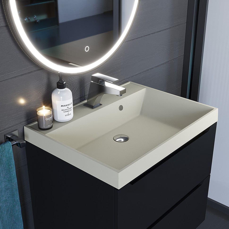 Раковина для ванной 60 см, Uperwood Classic Quartz, кварцевая, бежевая матовая, лён