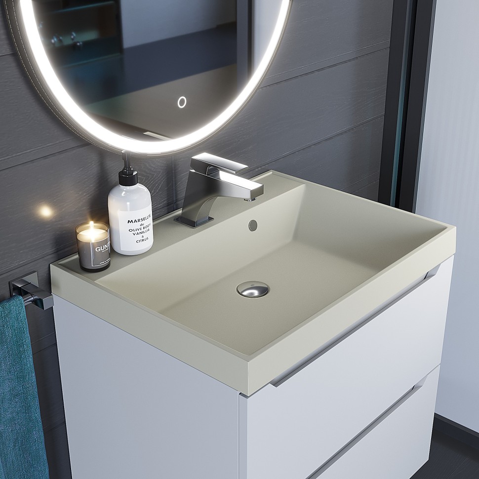 Раковина для ванной 60 см, Uperwood Classic Quartz, кварцевая, бежевая матовая, лён