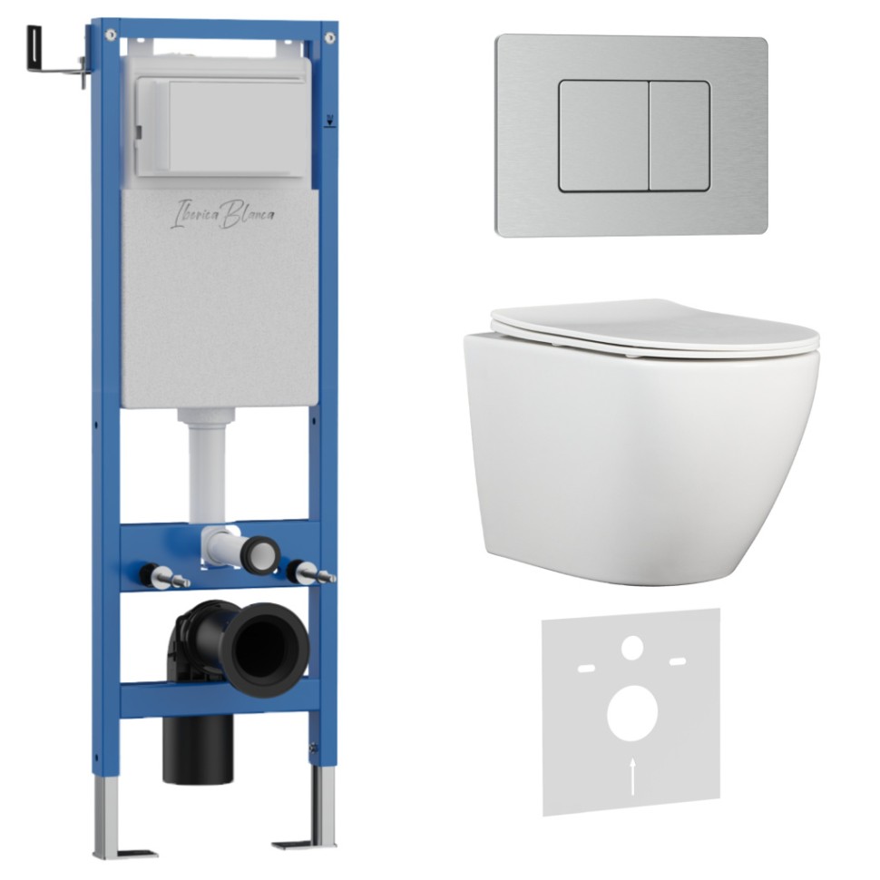 Комплект 3в1 IBERICA BLANCA инсталляция SILENCIO MINI, унитаз BILBAO ALTO белый, кнопка смыва INOX-C хром матовый (IB.001M.BLA.231.1132)