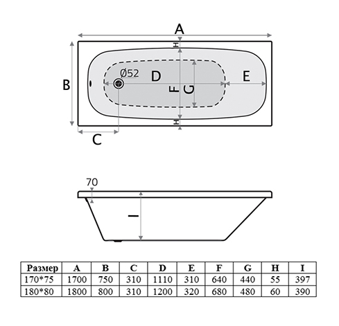 Ванна акриловая Vincea VBT-2S180-LG с ножками 1800*800*430, пристенная, цвет белый