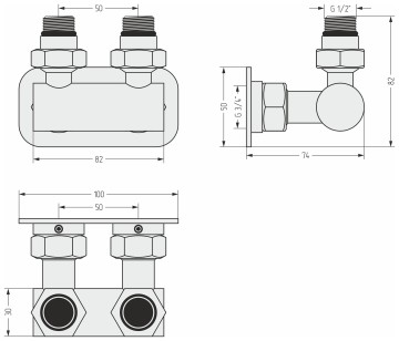 Модуль угловой EU50 (2 х НР G 1/2" / 2 х НГ G 3/4")