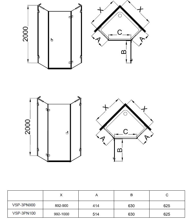 Душевой уголок Пента-Н (Penta-N) VSP-3PN100CLG-R, 1000*1000, брашированное золото, стекло прозрачное правый