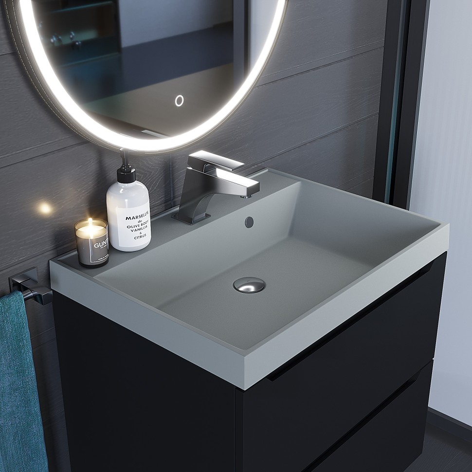 Раковина для ванной 60 см, Uperwood Classic Quartz, кварцевая, серая матовая, платина