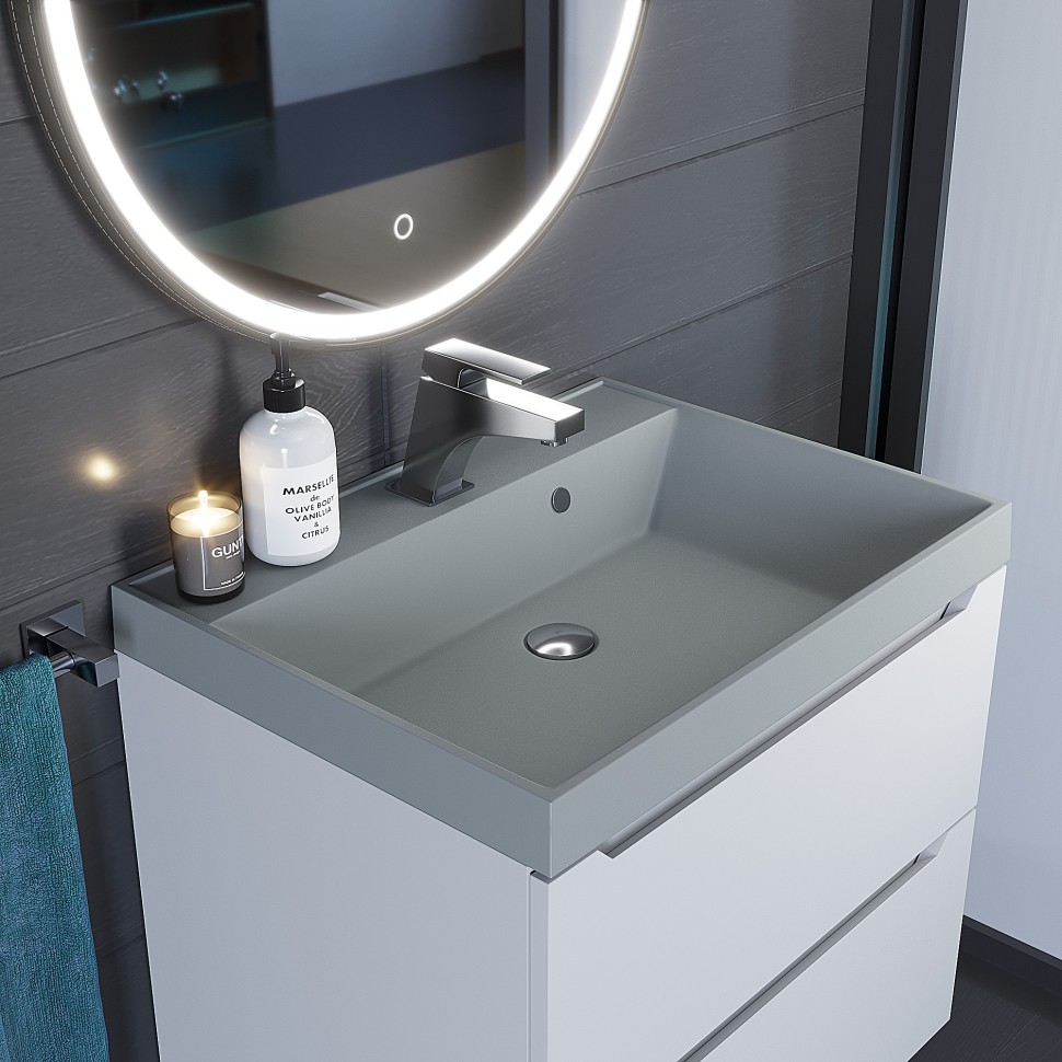 Раковина для ванной 60 см, Uperwood Classic Quartz, кварцевая, серая матовая, платина