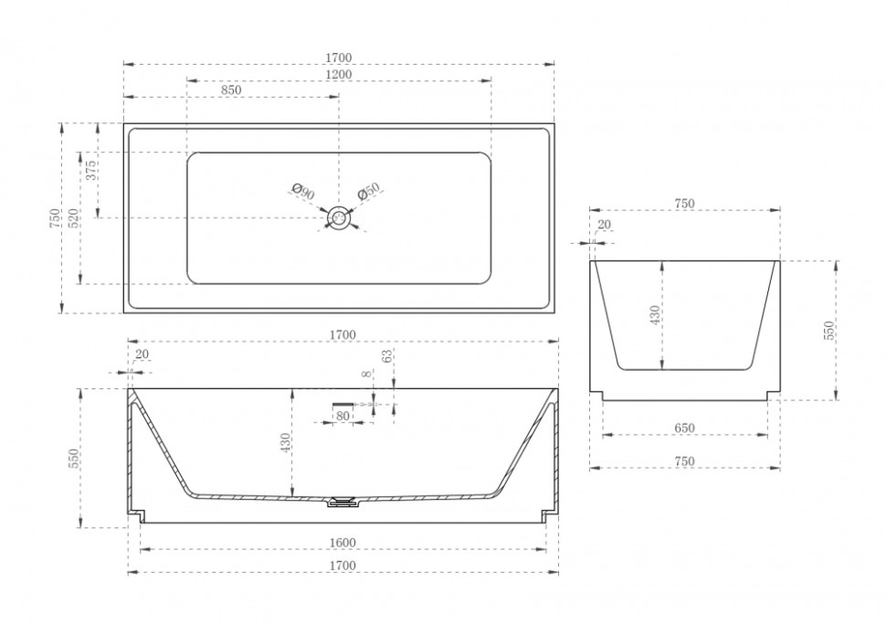 Ванна из искусственного камня ABBER Stein AS9602 белая матовая