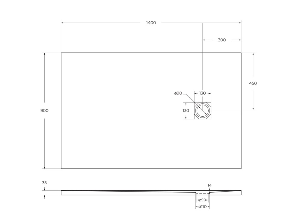 Душевой поддон из искусственного мрамора в комплекте с сифоном BelBagno UNO TRAY-MR-UNO-AH-140/90-35-W-CR