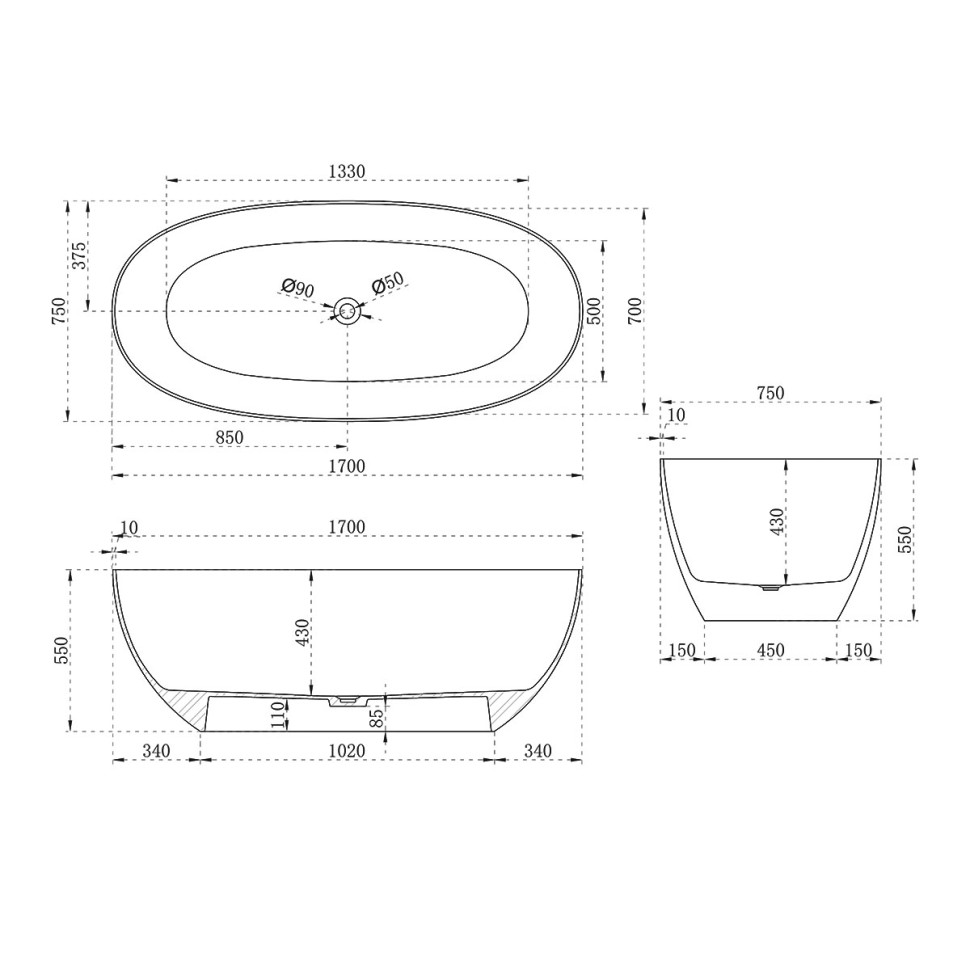 Ванна Solid Surface Vincea VBT-6T01B, 1700*750*550, цвет черный
