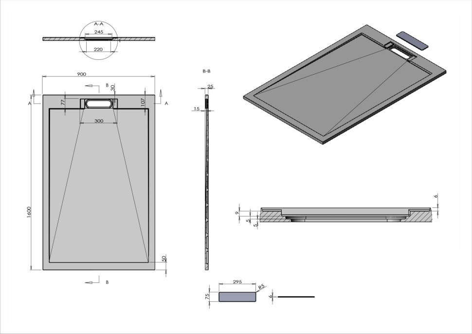 Поддон для душа из искусственного камня VST-4SRL9016W, 1600*900*25, белый матовый