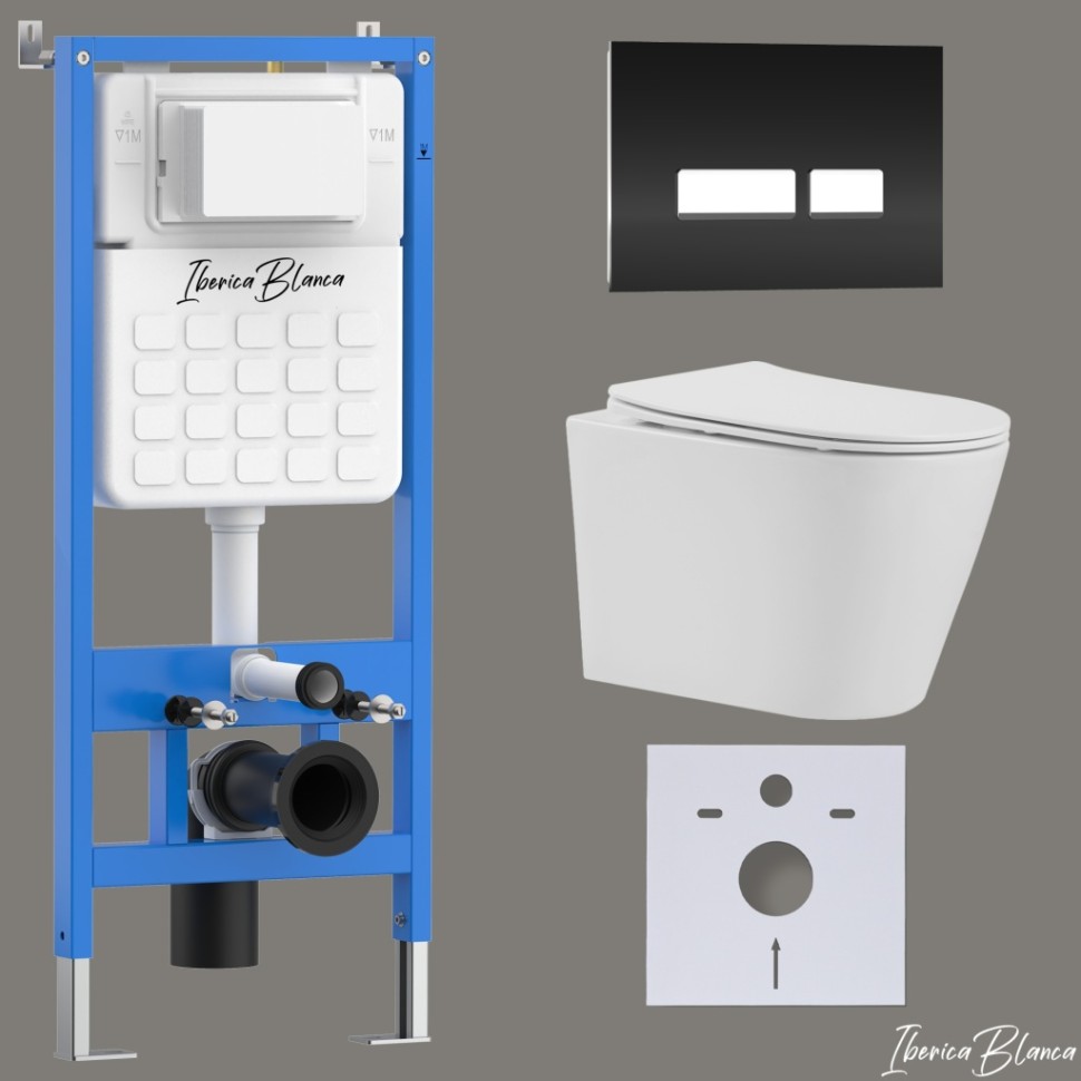 Комплект 3в1 IBERICA BLANCA инсталляция SILENCIO, унитаз BURGOS ALTO белый, кнопка смыва CRYSTAL-R черный глянцевый (IB001.BRA.231.2211)
