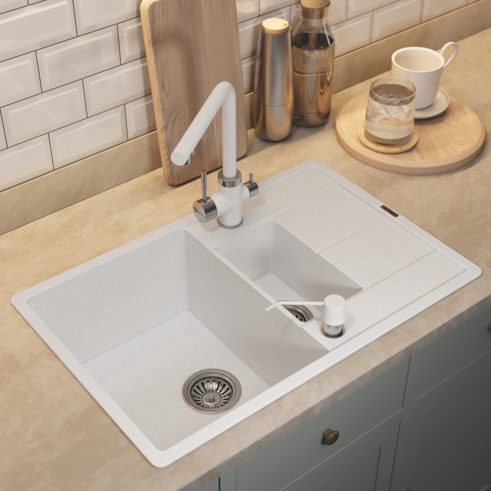 Кухонная мойка кварцевая Uperwood Quartz Premium UPD-05-01, прямоугольная двухсекционная, белая