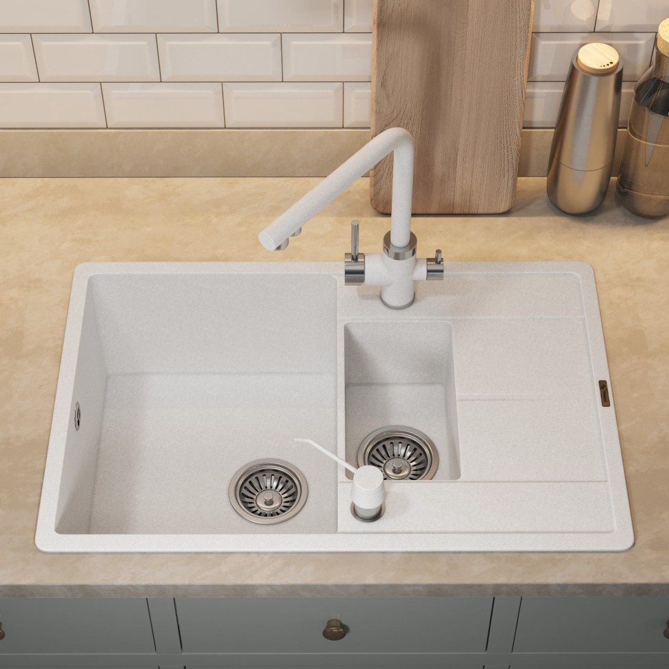 Кухонная мойка кварцевая Uperwood Quartz Premium UPD-05-01, прямоугольная двухсекционная, белая