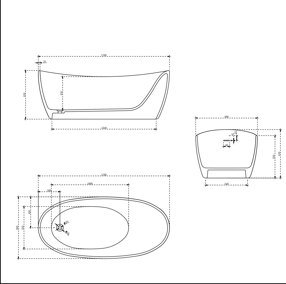 Ванна Solid Surface Vincea VBT-6S03MW, 1700*800*630, белый мат., слив-перелив в комплекте