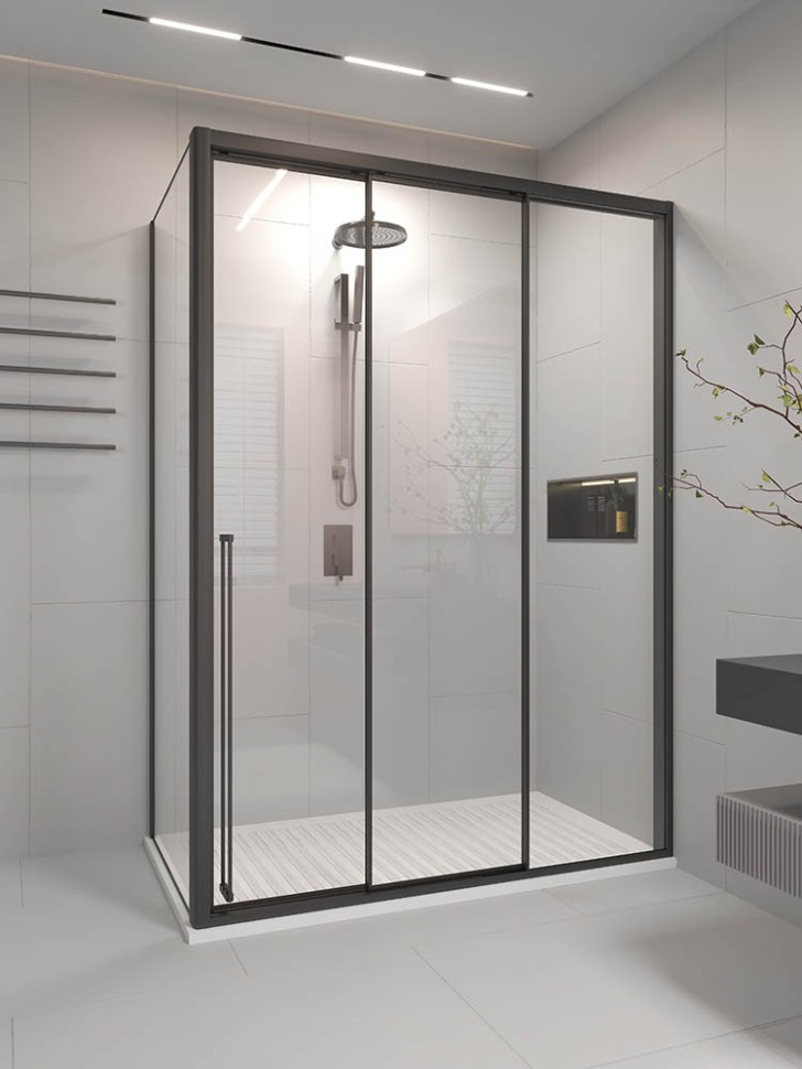 Душевой угол раздвижной Veconi Premium Prato 300 SP B-R, 1500х1000x2000, черный матовый, стекло прозрачное
