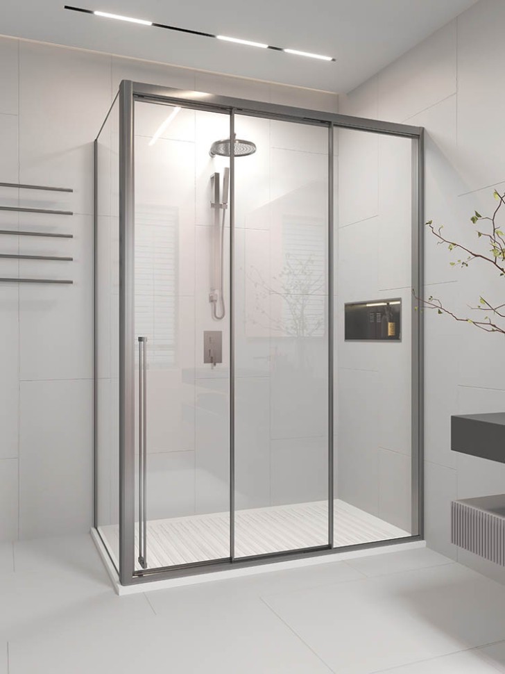 Душевой угол раздвижной Veconi Premium Ptato 300 SP GR-R, 1700х800x2000, брашированный графит, стекло прозрачное