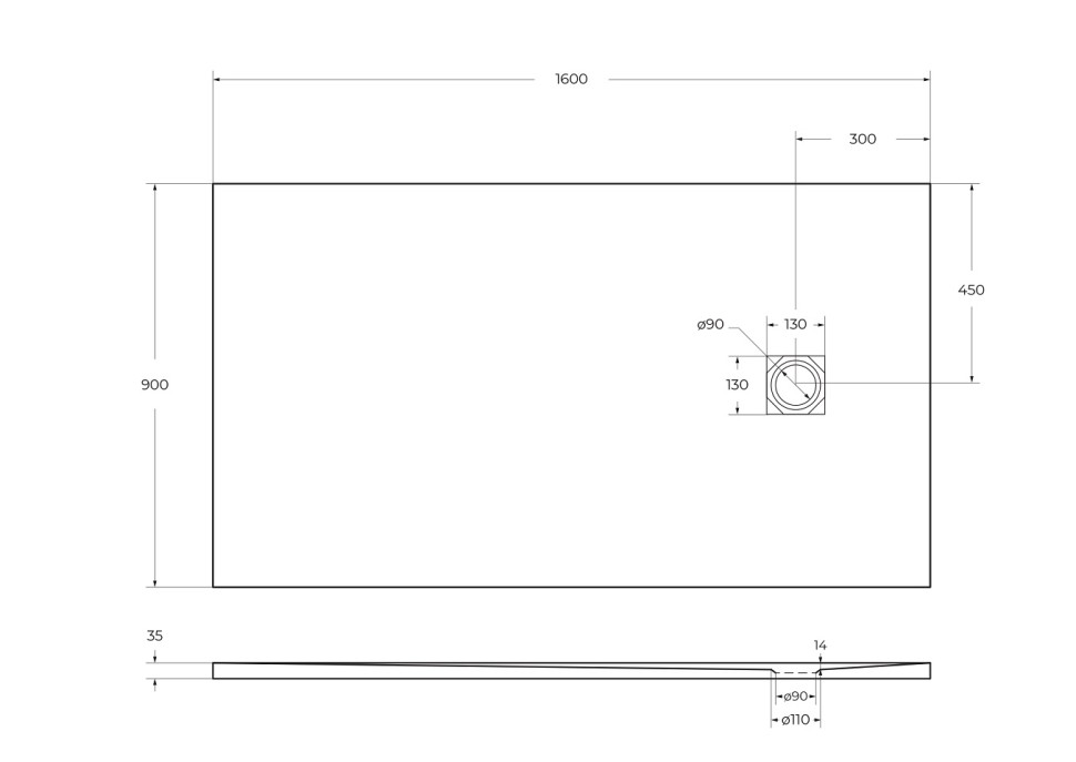 Душевой поддон из искусственного мрамора в комплекте с сифоном BelBagno UNO TRAY-MR-UNO-AH-160/90-35-W-CR