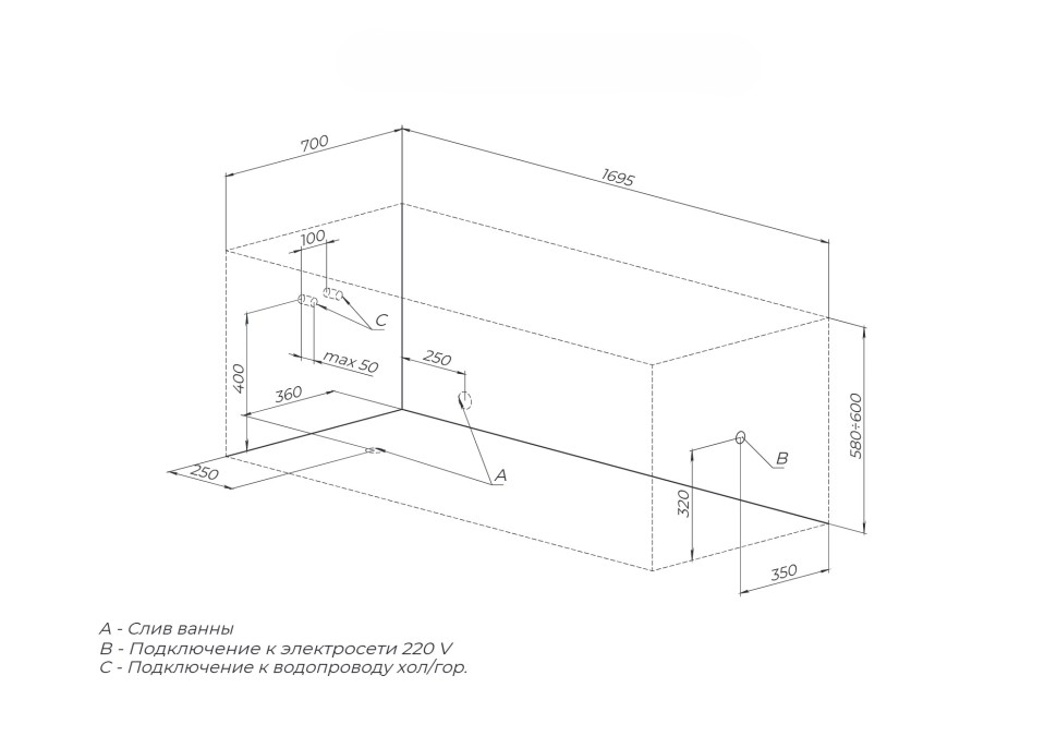 Акриловая ванна с каркасом Uperwood Infinity 170x70 см, белая