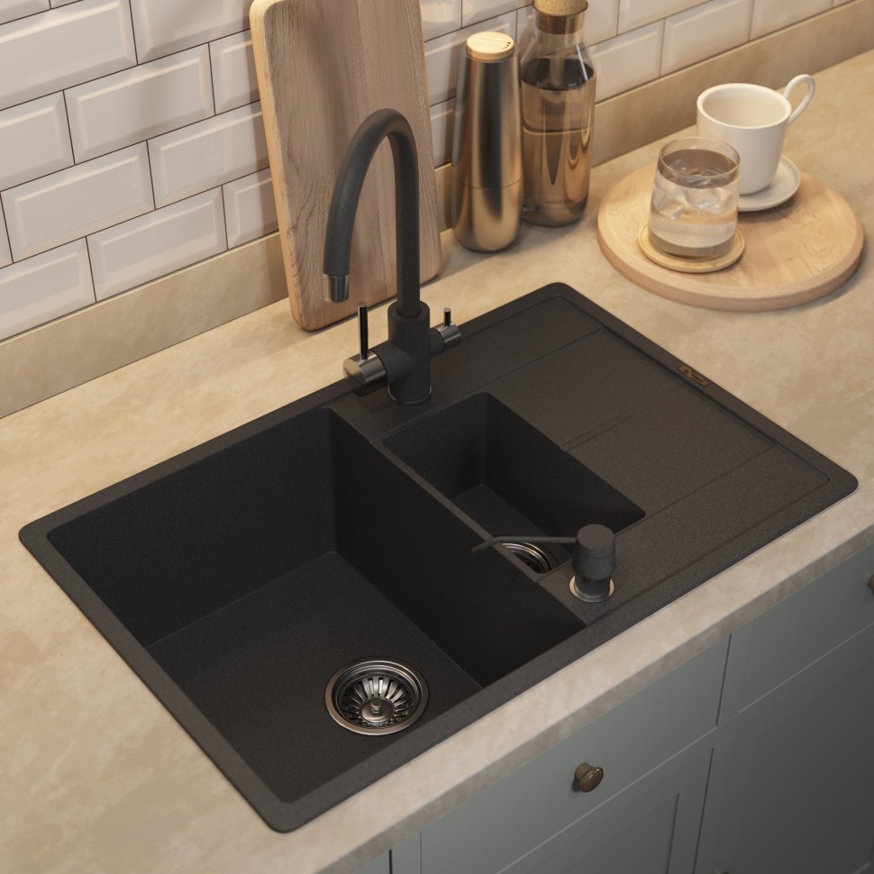 Кухонная мойка кварцевая Uperwood Quartz Premium UPD-05-04, прямоугольная двухсекционная, черная