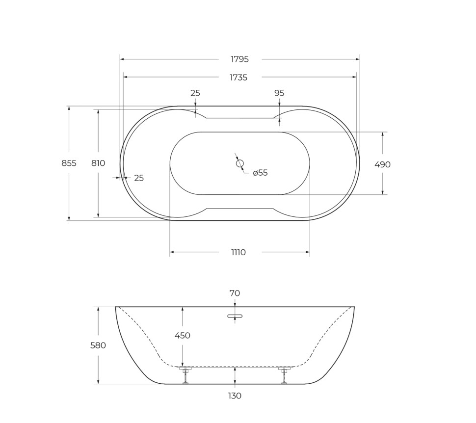 Акриловая ванна BELBAGNO BB28, 1795x855x580