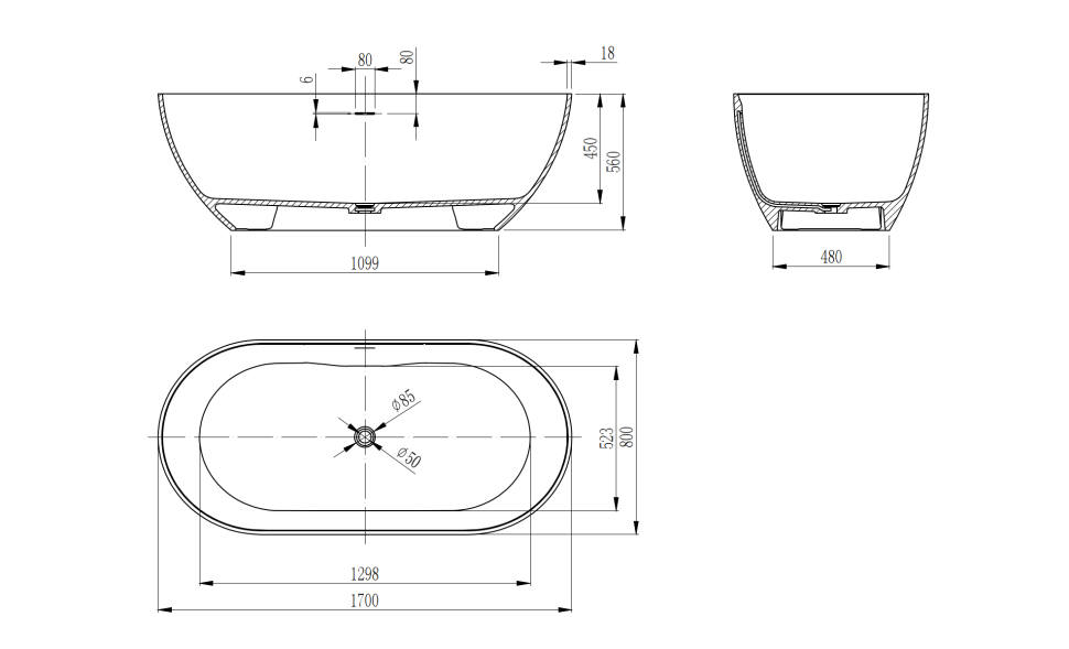 Ванна из искусственного камня Vincea VBT-4S04MW, 1700*800*560, белый мат., слив-перелив в комплекте
