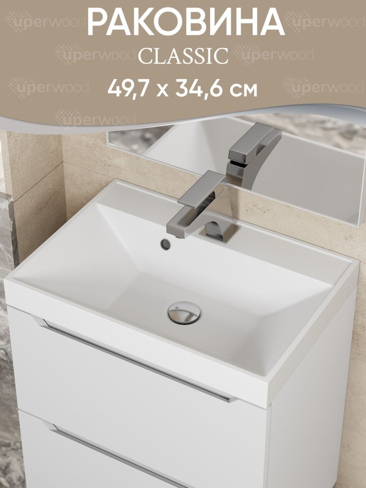 Раковина для ванной 50 см, Uperwood Classic, белая глянцевая