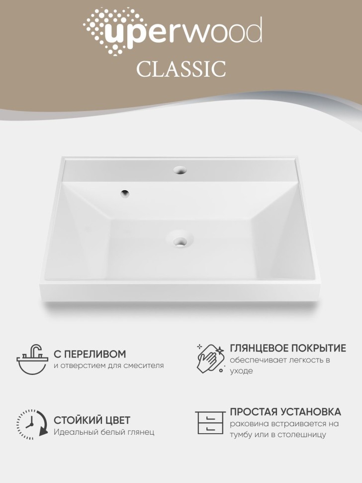 Раковина для ванной 50 см, Uperwood Classic, белая глянцевая